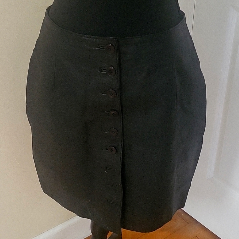 Genuine Leather Front Button Black Mini Skirt
